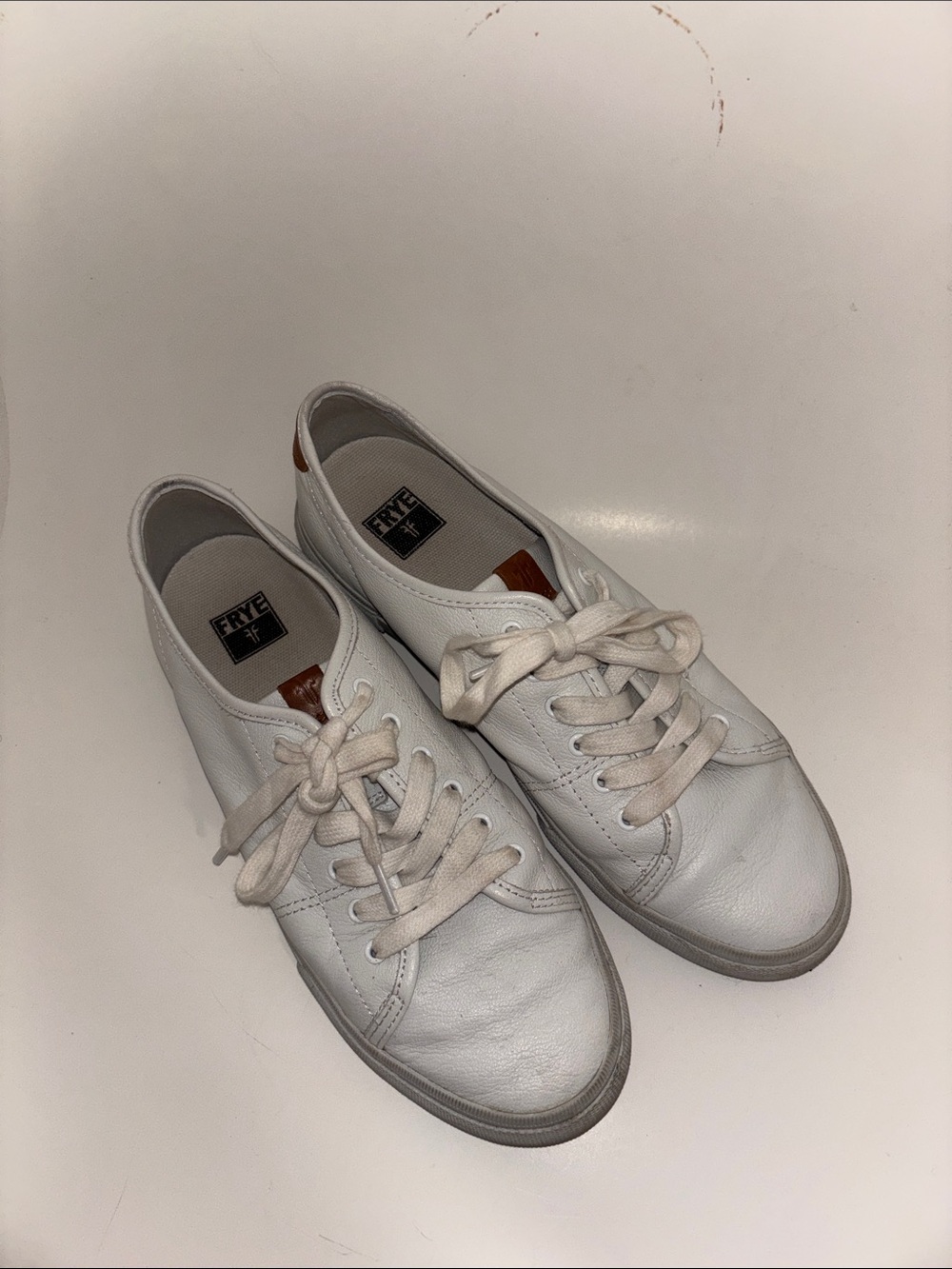 Frye White Leather Low-Top Sneakers with Tan Heel Accent